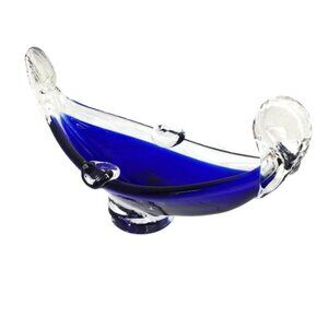 * Blue Glass Hand Blown Art Deco Pedestal Ashtray 7.5” x 2.5” x 3.5”